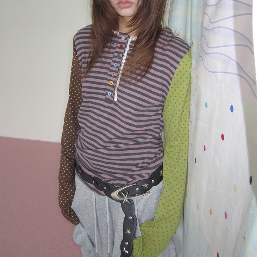 デザインストライプパッチワーク水玉レース長袖Tシャツ_LN03631