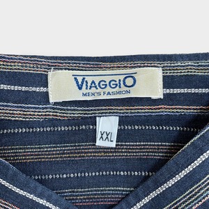 【VIAGGIO】イタリア製 ノーカラーシャツ ストライプ マルチカラー 長袖シャツ カジュアルシャツ 2XL 麻 コットン ビッグシルエット MADE IN ITALY EU古着 ヨーロッパ古着