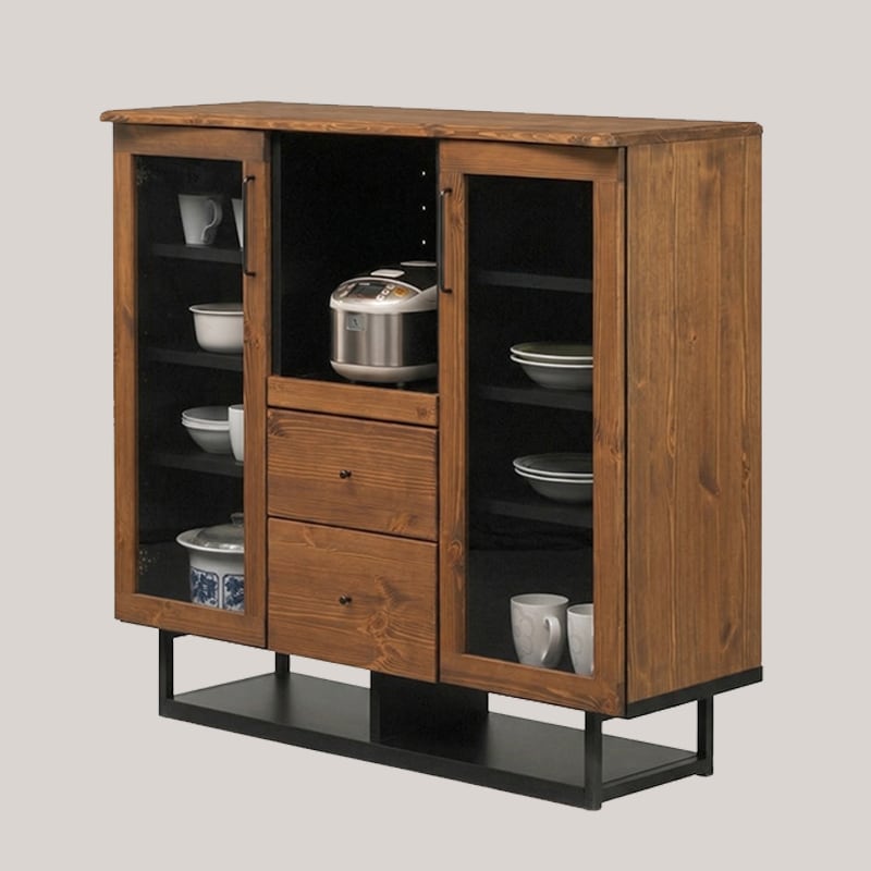 キッチンカウンター 幅120cm 完成品 キッチン収納 食器棚 キッチンボード レンジ台 レンジボード 無垢材 パイン材 木製 ガラス扉 引き出し スライドカウンター 開き扉 ブラウン 国産 大川家具 開梱設置 Rebec リベック kmm-0007