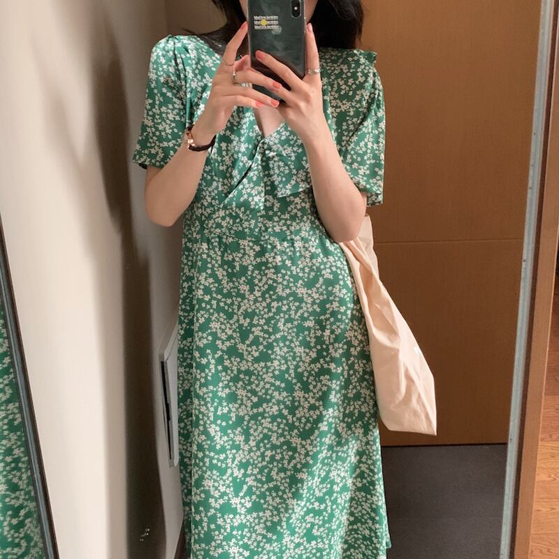 Vネックフローラルドレス サマー薄手レースシフォンミディスカート 夏物 花柄 レースアップ ビッグFスモールZ韓国54169908858