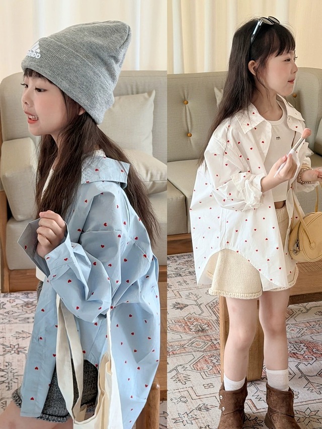 ハート柄シャツ（2色展開）QBSH｜トップス オーバーサイズ｜小学生 ジュニア対応｜普段着｜韓国子供服｜女の子｜100-150cm｜2026秋服 ［取寄］