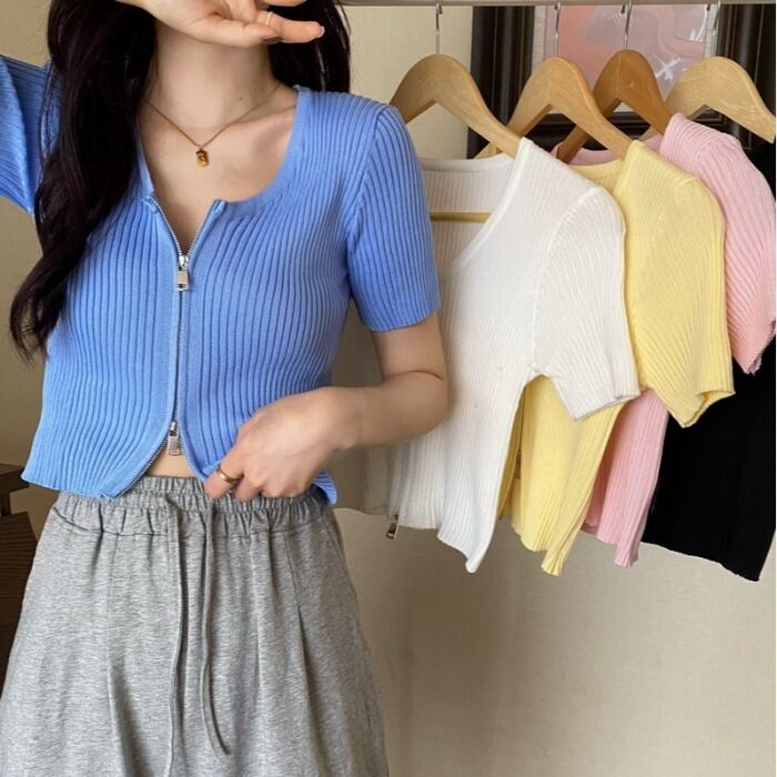 スタイルトップス サマーダブルジッパーニットショートTシャツ シャツ 夏物 1号婦人13637349591