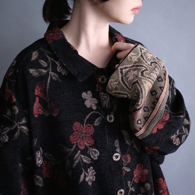 black base flower art pattern over box silhouette jacket