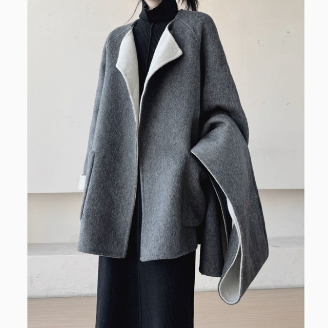 Loose collarless coat and muffler set【2color】 C0868