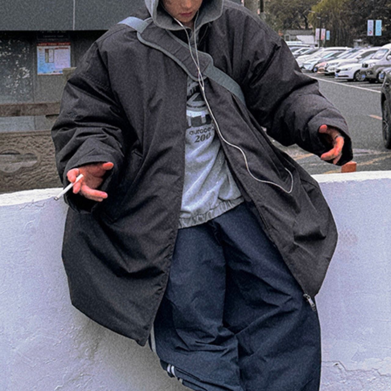 チャコールグレービッグキルトジャケットコート　1053