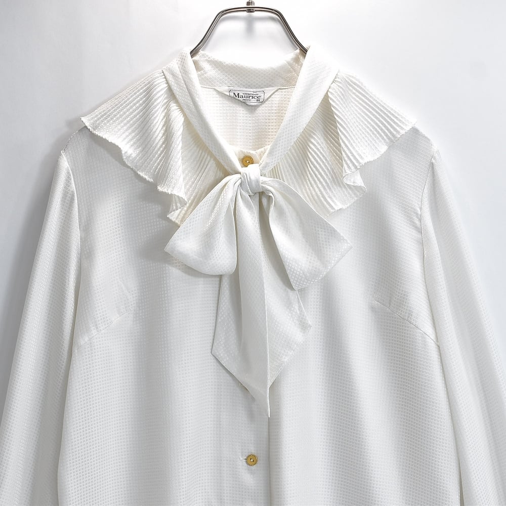 80s 90s Maurice モーリス ボウタイブラウス プリーツ襟 フリル袖 格子織柄 レトロ クラシカル フェミニン ホワイト USED ヴィンテージ ビンテージ 古着 レディース L〜相当