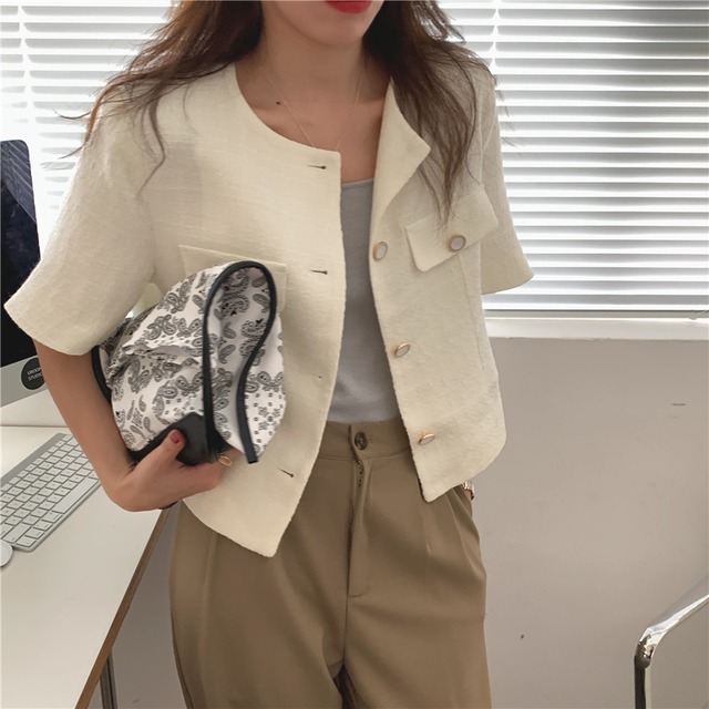 ノーカラー ジャケット 半袖 韓国 ファッション レディース オルチャン 春 夏 シンプル 通勤 オフィス | COCOTOWN