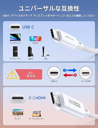 JSAUX USB-C - Mini HDMIケーブル 10フィート (HDMIではありません