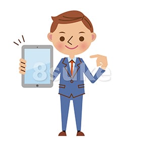 イラスト素材:タブレット端末を持つ若いビジネスマン(ベクター・JPG)