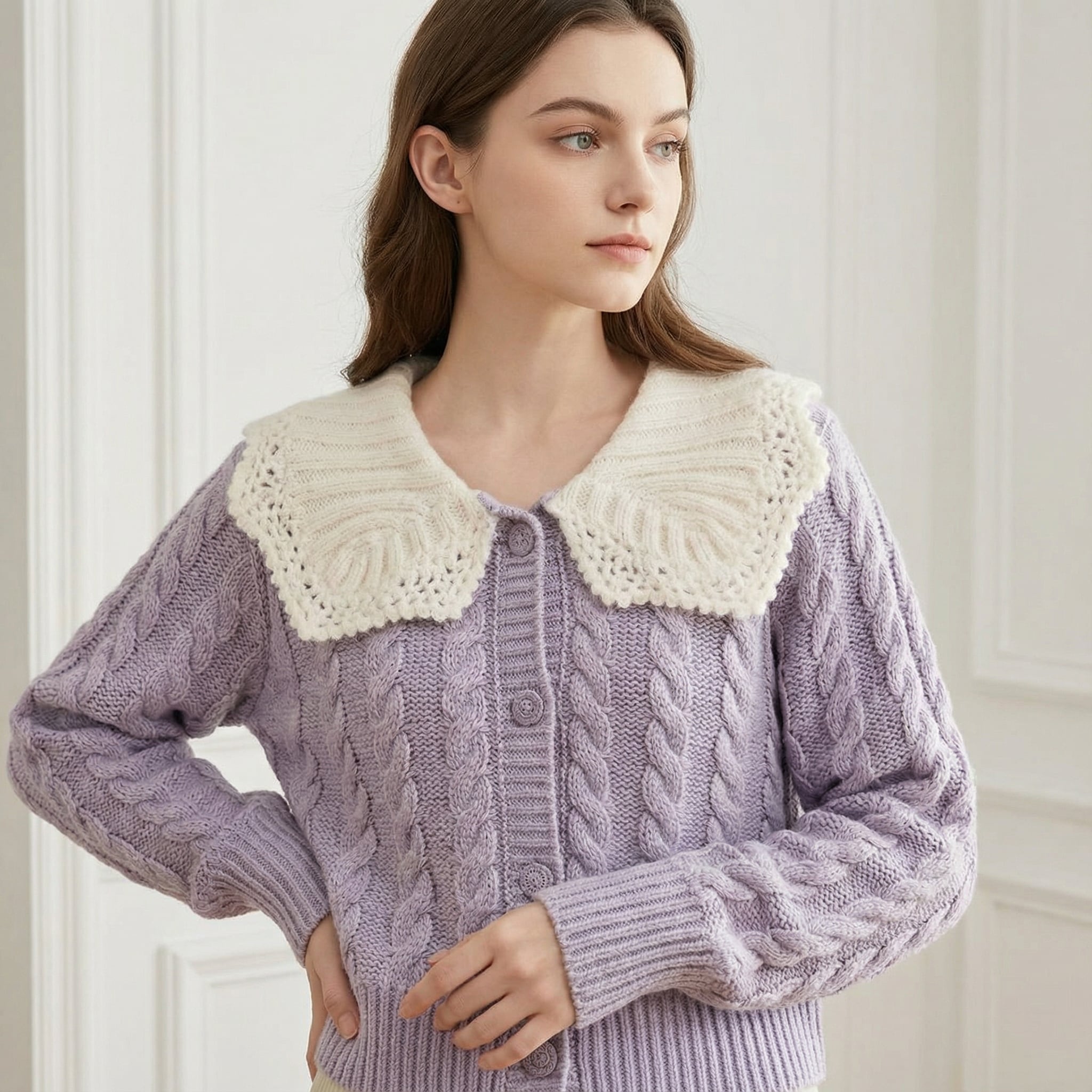 Cable knit polo collar cardigan 00283