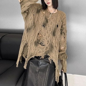 PAINT DAMAGED ROUND NECK IRREGULAR HEM PULLOVER KNIT 2colors M-15311
