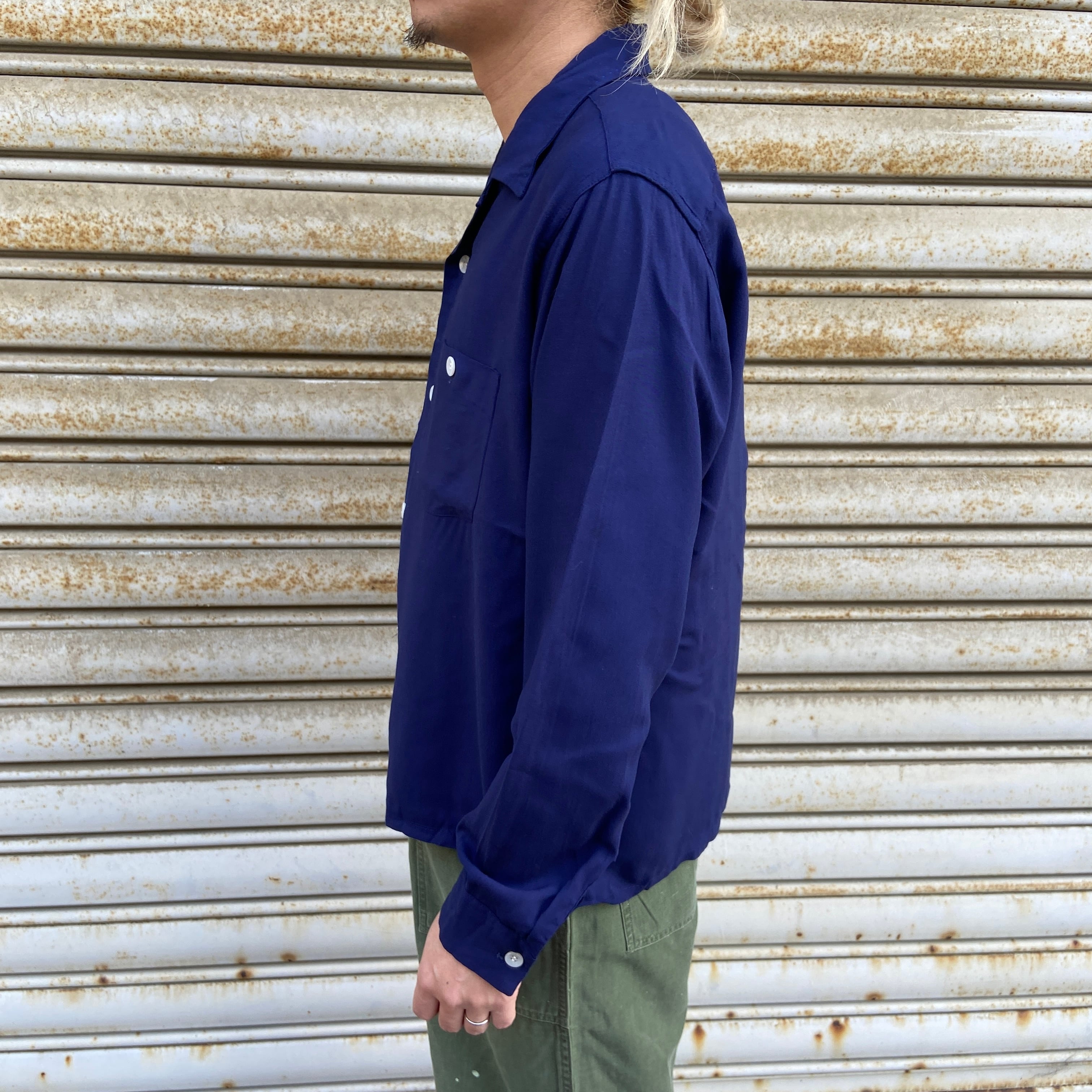 50s Mccall レーヨンシャツ M 長袖 開襟 ネイビー オープンカラー