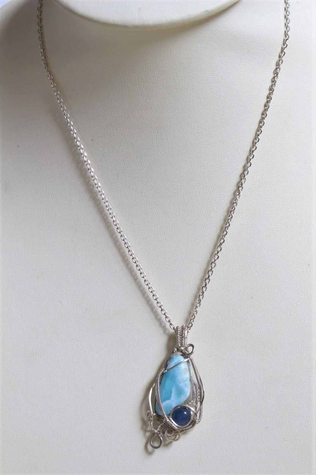 Larimar & Kyanite silver925 wirewrapping pendant