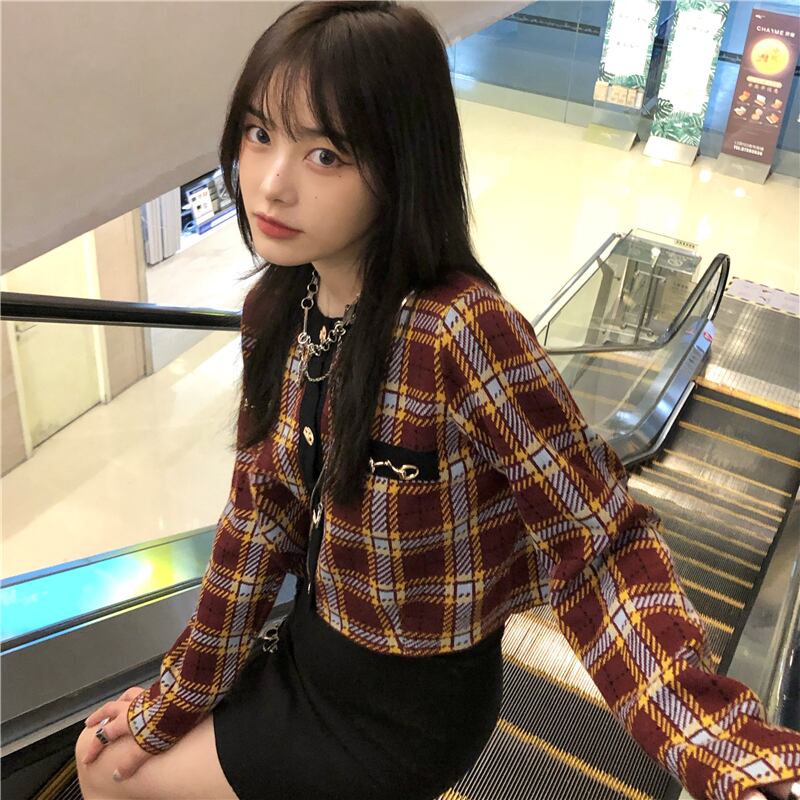オータムレッドスタンダード格子柄ニットセーター カーディガンスタイルショートジャケット レディース ロング レトロ 秋物 ドラファッションホール10197010527