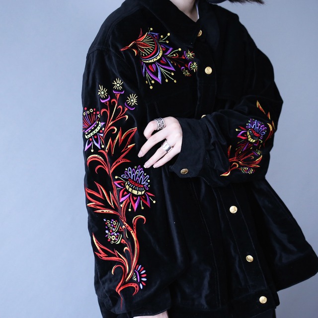 "刺繍" special art design over wide silhouette black mode velours jacket