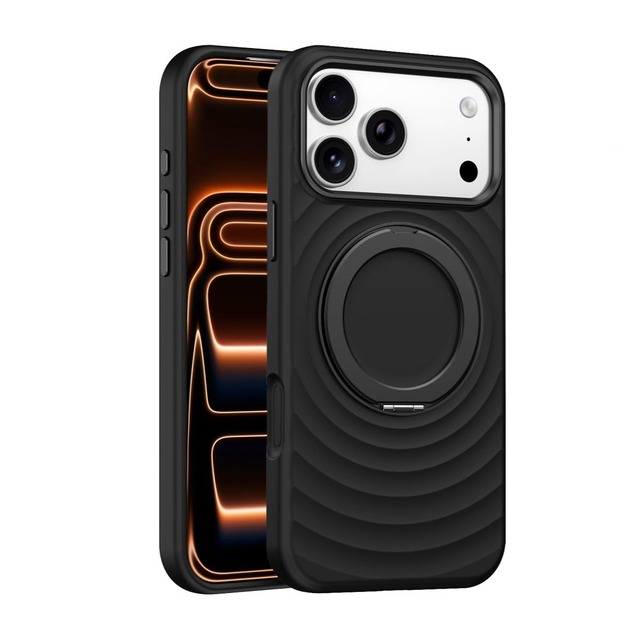 SUMart iPhone 17 Pro用ケース MagSafe対応 リキッドシリコン 耐衝撃 指紋防止 360°回転スタンド 縦横両対応 マグネット内蔵 軽量 薄型 カメラ・画面保護 スマホケース、ブラック、iPhone 17 Pro 用