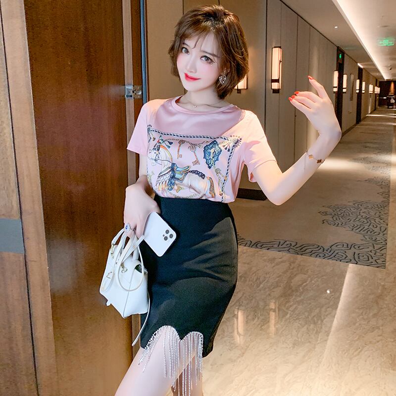 スタンダードプリント柄Tシャツ ストライプスリムスカート スプリングサマー レトロ 春物 夏物 スリムヒップ MIUCO99966706313