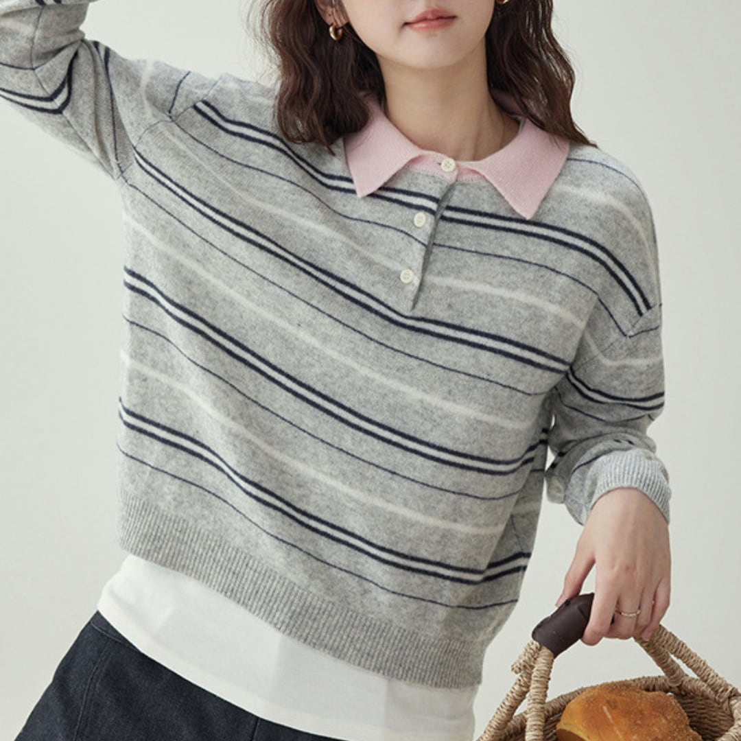 striped pullover with contrast collar