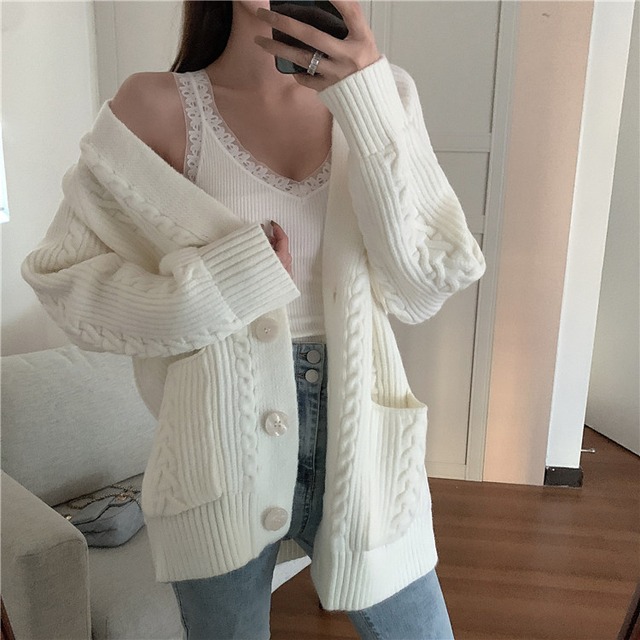 韓国ファッション 秋冬 新品 怠惰な風 麻の花 Vネック 単体ボタン ニット カーディガン スリム カジュアル
