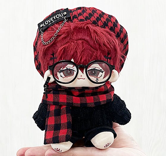 ぬい服 10cm ベレー帽 ニット レザーパンツ チェック マフラー