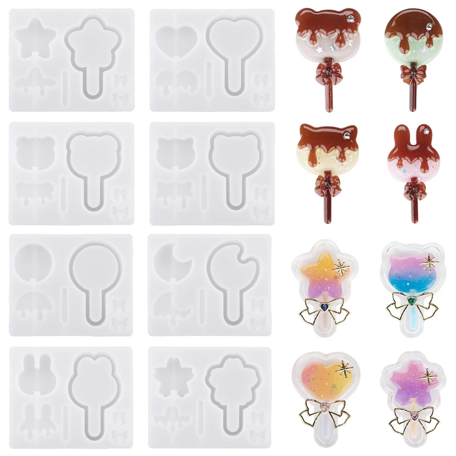 【在庫のみ】サムコス ロリポップ シリコンモールド 8個セット シャカシャカ流砂型 ハート ネコ 月 レジン シェイカーモールド シリコン モールド 鏡面 DIY 手作り キーホルダー 樹脂工芸品 アクセサリー