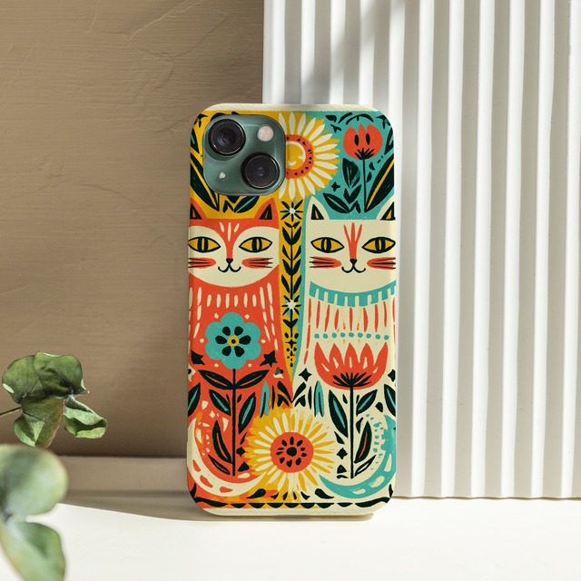 受注生産 iPhoneケース 民芸仮面と太陽花の装飾柄｜フォークアート PSYF028B
