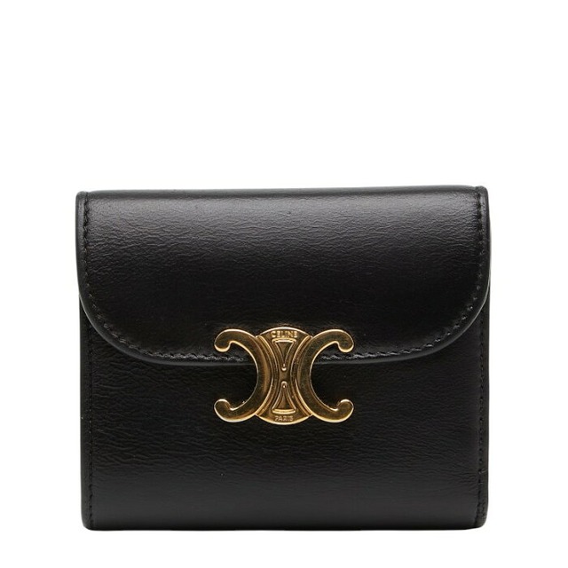 セリーヌ トリオンフ スモール フラップウォレット 三つ折り財布 ブラック レザー レディース CELINE 【中古】