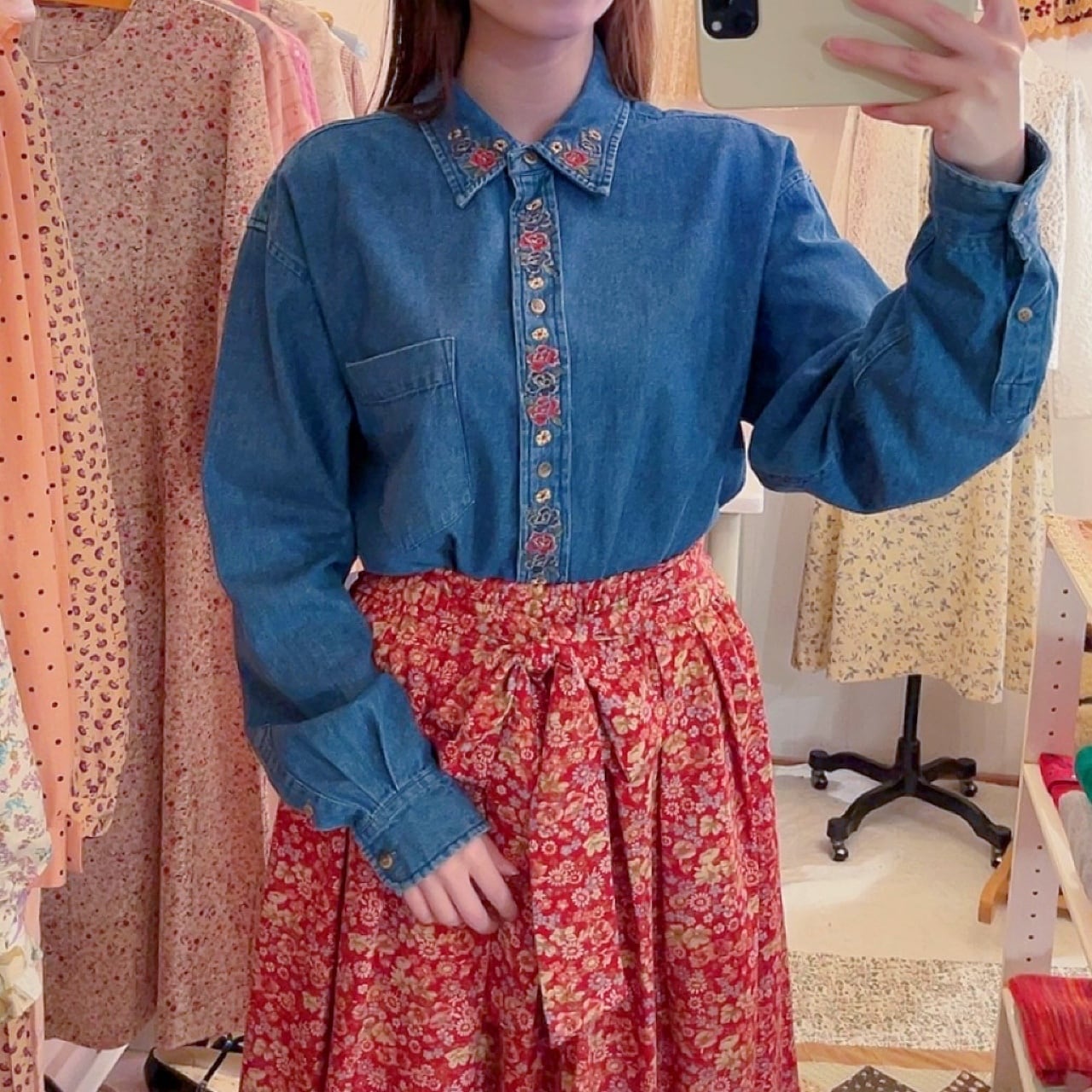 rose embroidery denim shirt