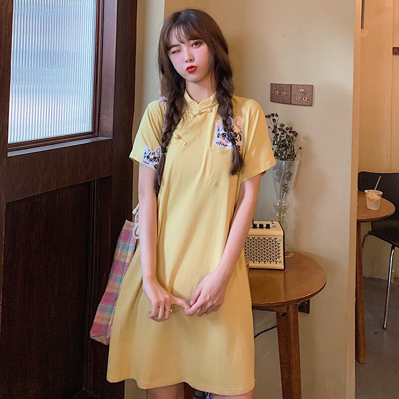 【新作】【送料無料】 マタニティドレス2020夏の新しいパッチ猫改良チャイナドレス、トレンディな母親のミドル丈マタニティドレス-アリババ サマー 夏物 expec235446682351