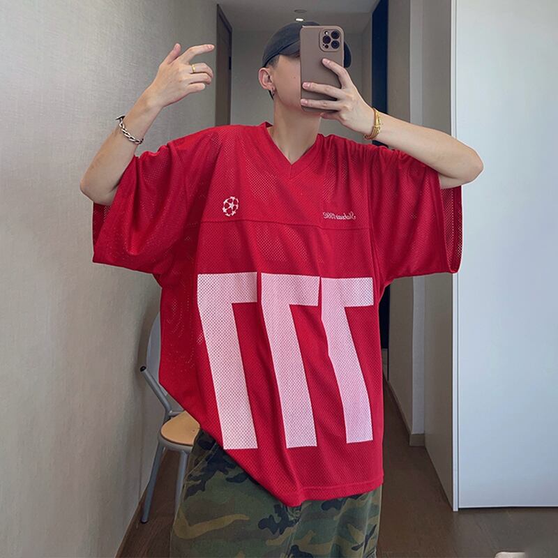 dannyandzeeストリートVネックメッシュスポーツ半袖Tシャツ