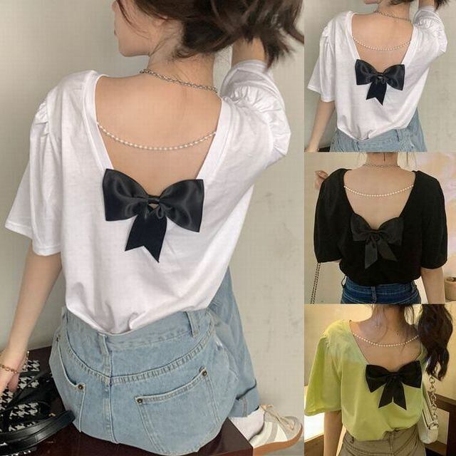 レディース フレアスリーブバックリボン上品春トップス❤️魅力的なモテ服