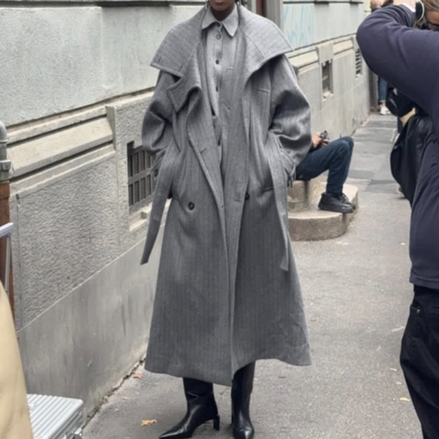 【ダブルブレストベルト付きマキシ丈オーバーサイズコート 】P02142