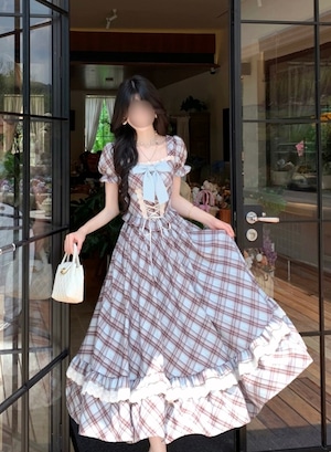 ガーリーチェックリボンロングワンピース|大人可愛いフリル裾デザイン