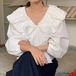 2025春夏トップス シャツ リボン Vネック フリル 長袖 ゆったり 秋 白 ホワイト おしゃれ かわいい ガーリー キュート 甘め キレイめ 韓国ファッション レディース お出かけ