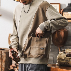 Patchwork ribbed knit crew neck tops 0211