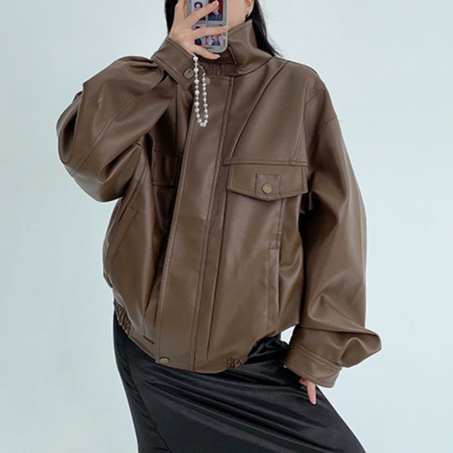 simple faux leather stand collar jacket　シンプルフェイクレザースタンドカラージャケット　J1266