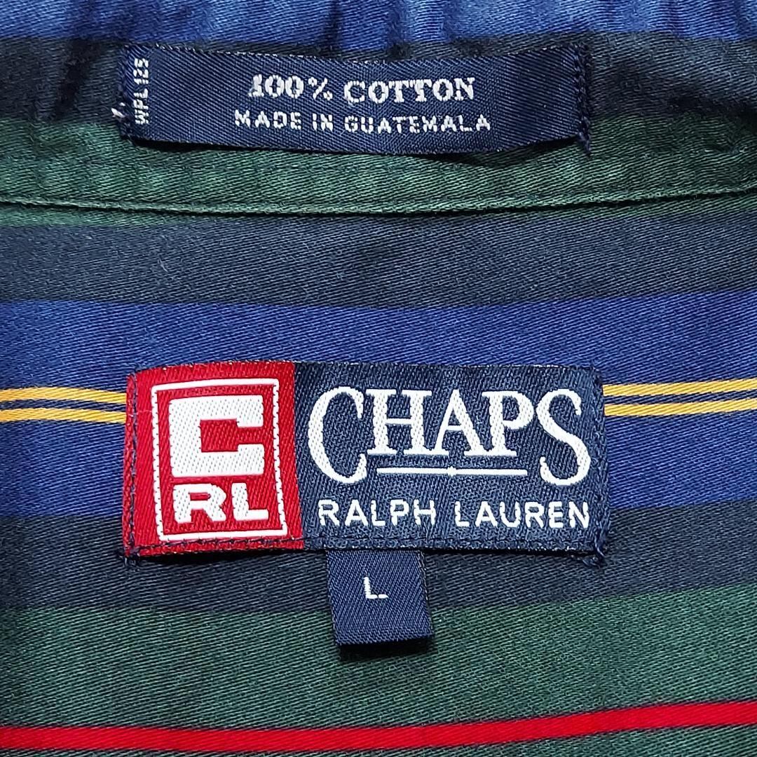 Chaps チャップス ポケット付き ストライプシャツ L グリーン緑 刺繍