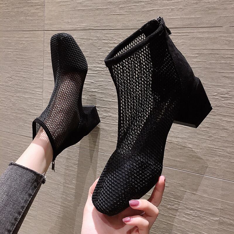 ブーツレディースサマースタイルショートジッパーサンダル ハイヒール 靴 シューズ 夏物 スクウェア フェイクシューズ49284777575