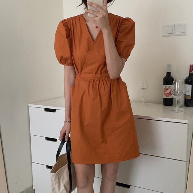 ウェストドレス サマーカジュアルショートポケットハイウェストスリーブVネックスカート レース 夏物 レースアップ ビッグFスモールZ韓国72287194388