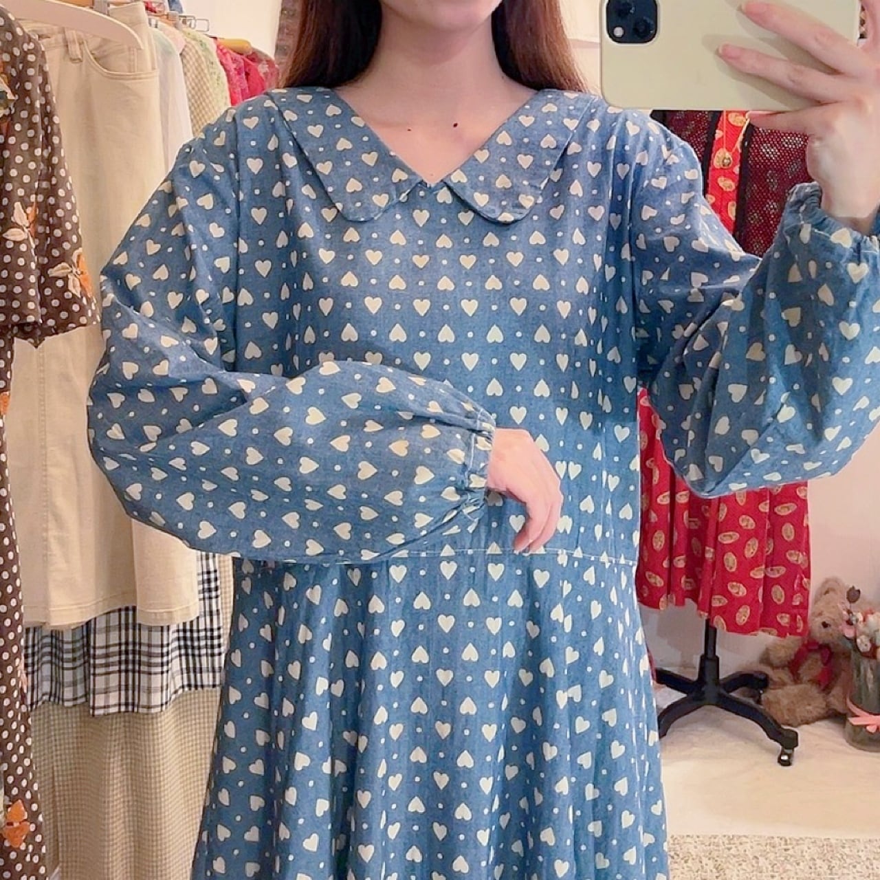 heart dot denim flare one-piece
