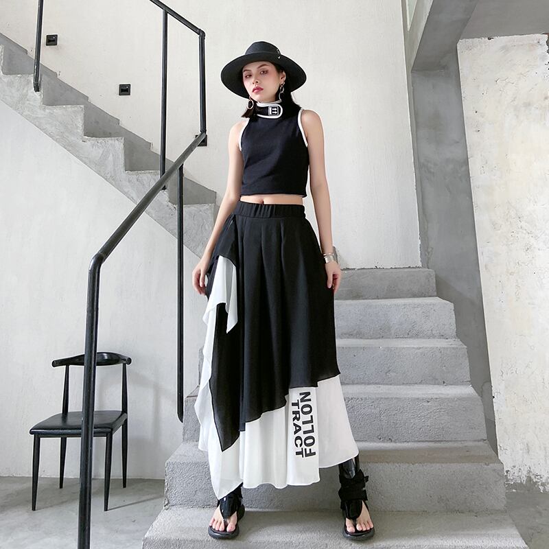 Xイレギュラースカート春夏ミドル丈Aラインルーズラージサイズファットmmコントラストカラースカートウエスト付き ラブタオタオダレンハウス3844635046