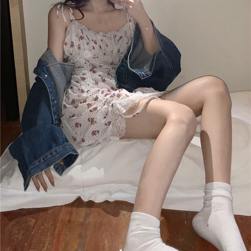 レースフローラルドレス トップス ショートスカート サマー 夏物 花柄 ブラックストロベリース3175630993