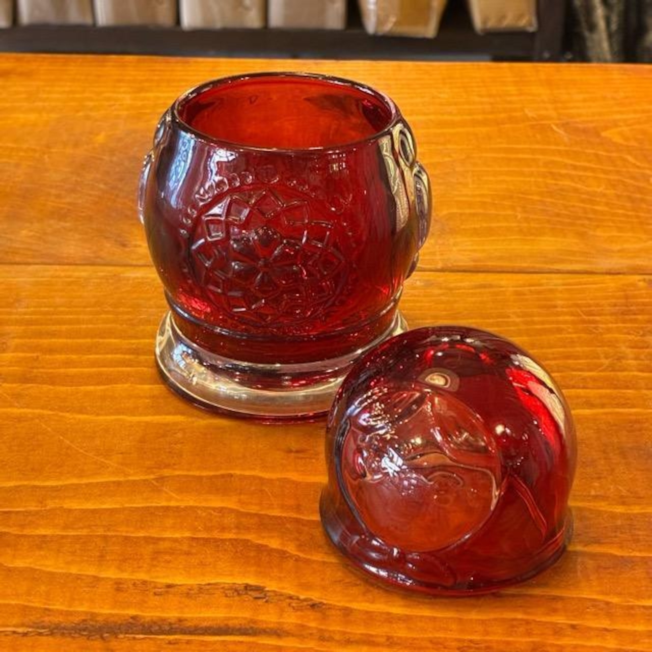 Matryoshka Jar 4 colors available: Red, Smoke, Orange, and Blue. Canister, candy container, glass jar.