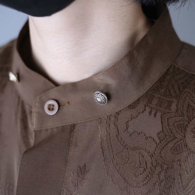 gloss fabric flower art pattern XXL over silhouette fry-front band-collar shirt
