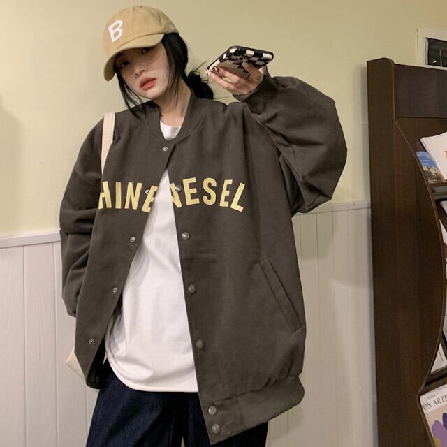 スタジャン アウター レディース ブルゾン 長袖 オーバーシルエット ロゴ シンプル かっこいい ストリート カジュアル アプリコット/グレー