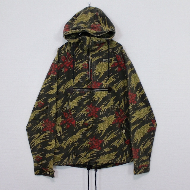 【Caka act2】Tiger Camo×Hibiscus Pattern Vintage Loose Anorak Parka