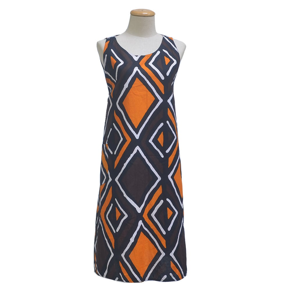 ボゴラン風プリント エプロン ワンピース ノースリーブ エプロンドレス