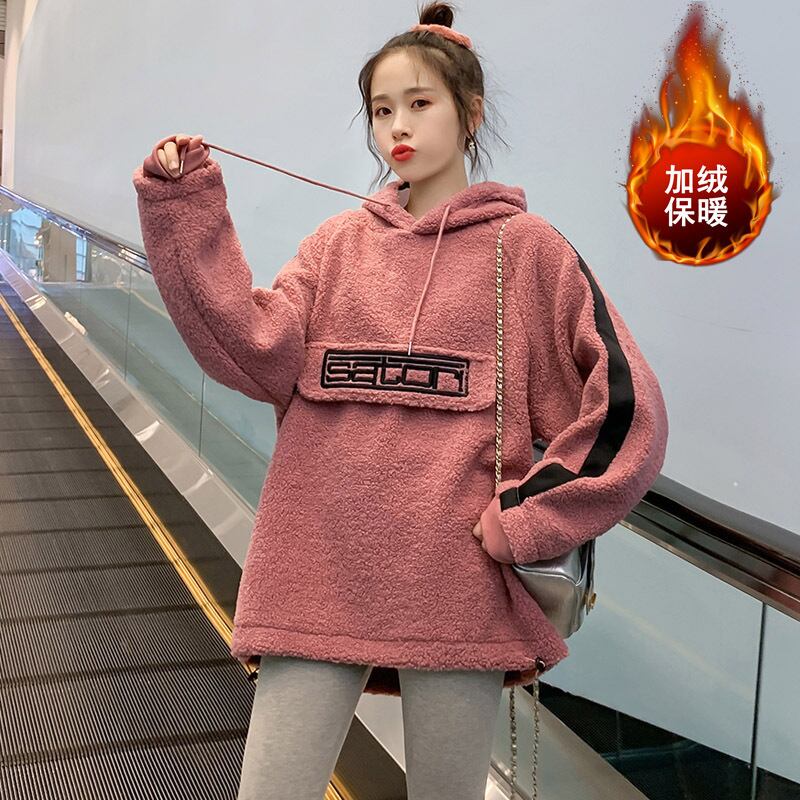 【新作】【送料無料】 マタニティウェア2019冬の新しいフード付きドレスファッションラムウールプラスベルベット厚手のミドル丈マタニティドレス-アリババ ウィンター 冬物 expec281551471708