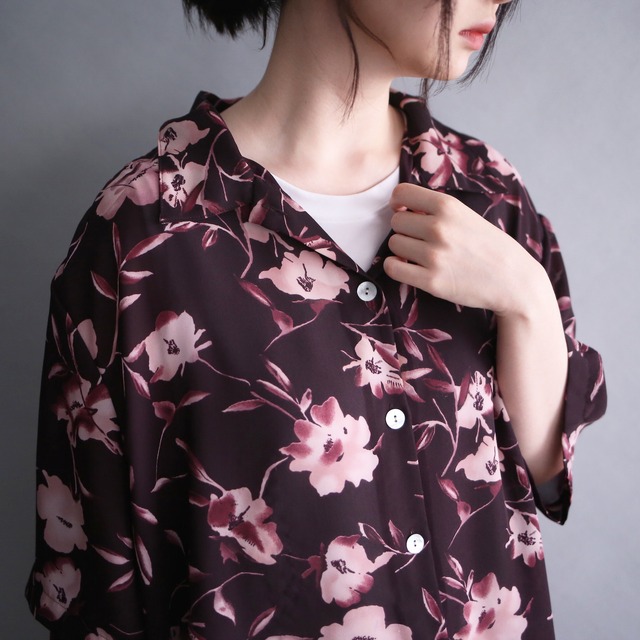 violet flower art pattern loose h/s see-through shirt
