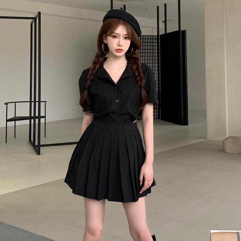 サマーシャツ ハイウェストプリーツスカート ストリート 夏物 ハンチェンe61262326985